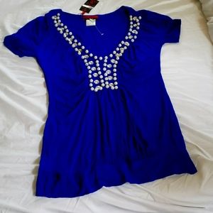 Pearl Neck Blue Blouse
